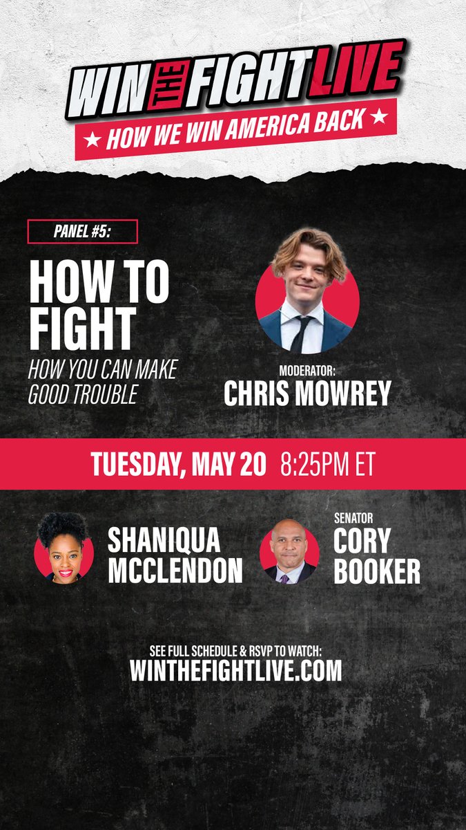 Win The Fight (@winthefightlive) on Twitter photo 🥊HOW TO FIGHT🥊
Panel: Senator <a href="/CoryBooker/">Cory Booker</a>, Shaniqua McClendon, and <a href="/chrisdmowrey/">Chris Mowrey</a> will discuss how YOU can make good trouble in the fight for America. 🇺🇸
TUNE in NOW: winthefightlive.com #WinTheFightLive 🥊HOW TO FIGHT🥊
Panel: Senator <a href="/CoryBooker/">Cory Booker</a>, Shaniqua McClendon, and <a href="/chrisdmowrey/">Chris Mowrey</a> will discuss how YOU can make good trouble in the fight for America. 🇺🇸
TUNE in NOW: winthefightlive.com #WinTheFightLive