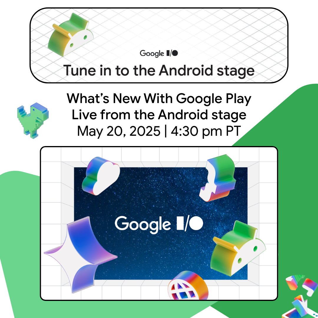Lots of exciting updates for Play developers from #GoogleIO! Here’s what’s new to help you grow:

🌟 Discovery: New topic browse pages
🖼️ Richer Listings: Hero and YouTube carousels! Plus audio
🌍 Beyond Store: Global expansion of Collections
 Watch now → goo.gle/IO2025_livestr…