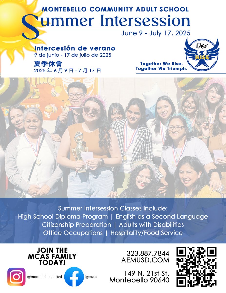 🎓☀️Summer School at Montebello Community Adult School!☀️🎓Whether it’s English, a high school diploma, career skills, or just keeping your goals in motion — MCAS has a class for YOU!💻In-person and online options! For more information visit aemusd.com