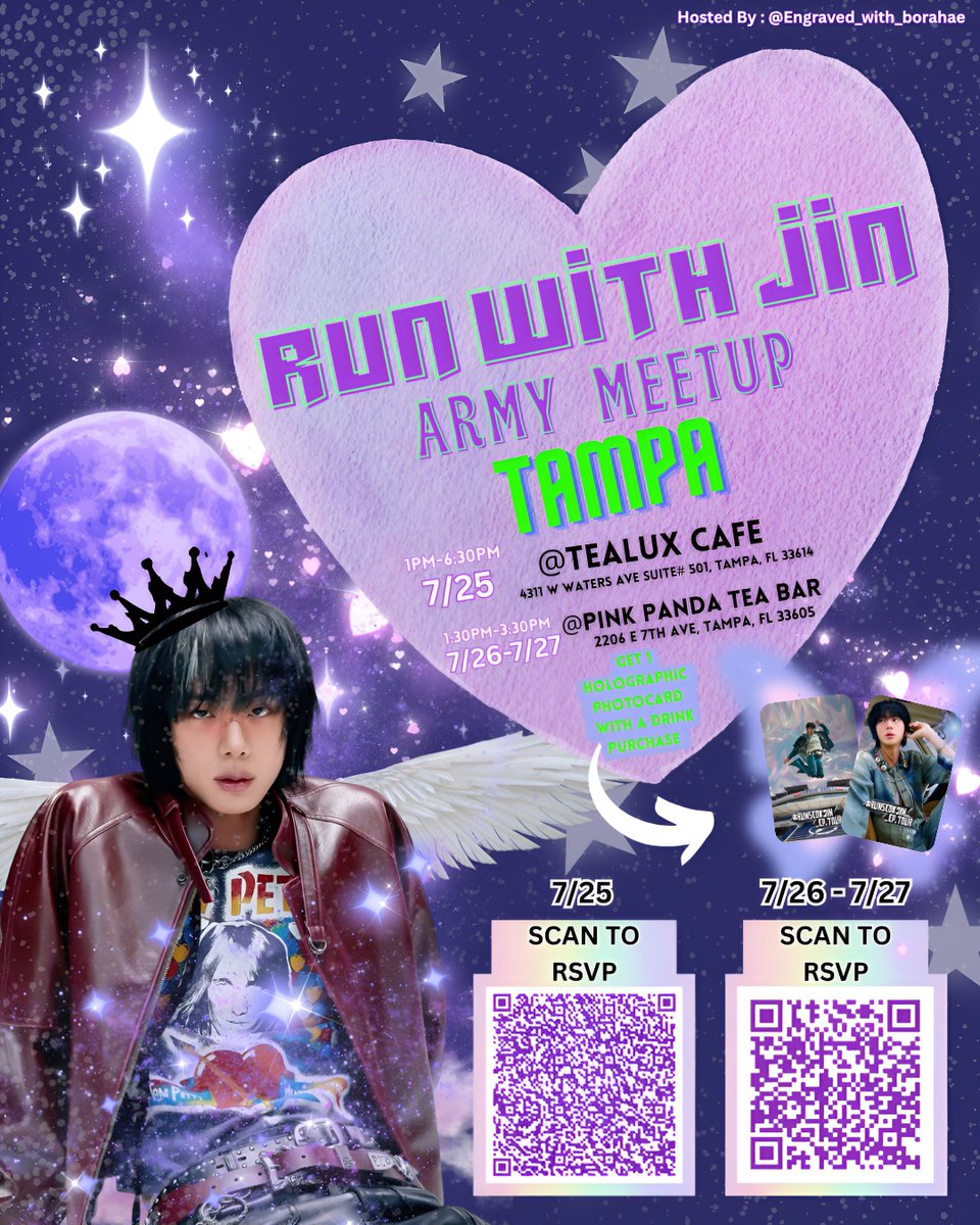 EngravedBorahae's tweet photo. @mygzbtch Also Sharing this since you may be  going to the Tampa Show🙌💜 I'm trying my best to get more Army to Rsvp🥹🥹
Run with Jin , Army Boba Meetup Day 1 https://t.co/eoDi8m8q98 https://t.co/XhqtfQGdLQ
