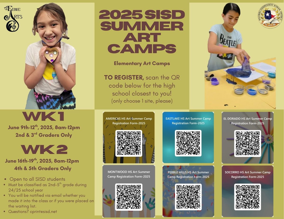 Maggie Romo (@mromod_art) on Twitter photo I will be at Socorro High School for anyone interested. Please make sure to sign up because spots are filling up! Make sure you use the correct QR Code. Let me know if you have any questions and Thank you for supporting Fine Arts 🎨 <a href="/Escontrias_SA/">Irma Ojeda</a> <a href="/LAlvarez_EES/">Lorena Alvarez</a> <a href="/AThomas_EES/">Anne Thomas, NBCT, M.Ed.</a> I will be at Socorro High School for anyone interested. Please make sure to sign up because spots are filling up! Make sure you use the correct QR Code. Let me know if you have any questions and Thank you for supporting Fine Arts 🎨 <a href="/Escontrias_SA/">Irma Ojeda</a> <a href="/LAlvarez_EES/">Lorena Alvarez</a> <a href="/AThomas_EES/">Anne Thomas, NBCT, M.Ed.</a>