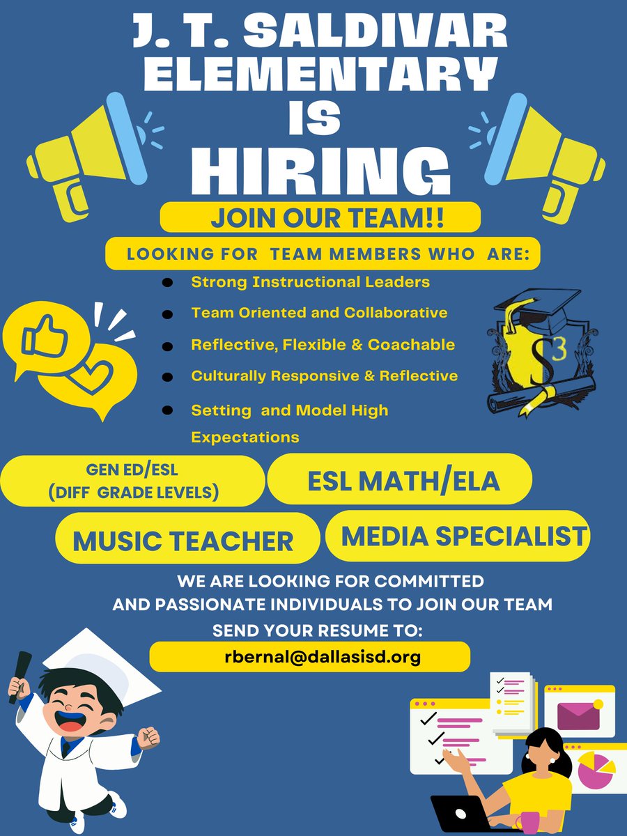 Rocio Bernal (@principalbernal) on Twitter photo Let's make an impact together, come and join our team at JT Saldivar elementary for the 2025-2026 school year! Find out more about Pathway to Excellence Schools! <a href="/SoniaLoskot/">Sonia Loskot</a> <a href="/dallasschools/">Dallas ISD</a> Let's make an impact together, come and join our team at JT Saldivar elementary for the 2025-2026 school year! Find out more about Pathway to Excellence Schools! <a href="/SoniaLoskot/">Sonia Loskot</a> <a href="/dallasschools/">Dallas ISD</a>