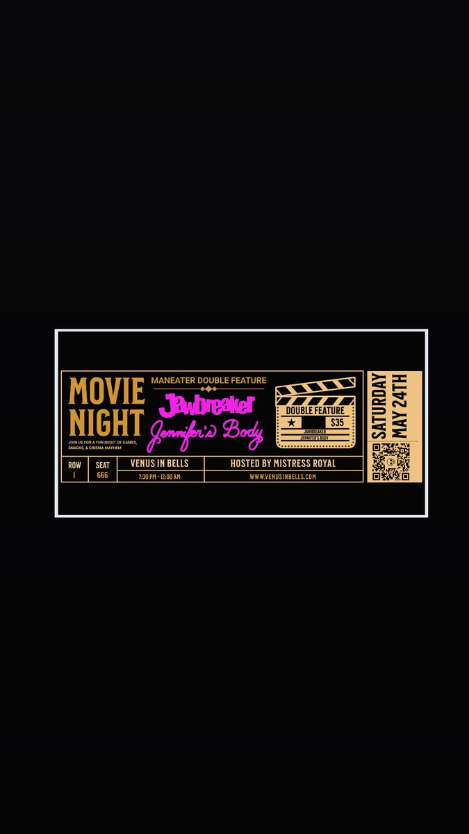 VenusInBells's tweet photo. Get your tickets now for 
Movie Night @VenusInBells 

Saturday May 24th
7:30pm - midnight 

Hosted by: @dream_of_royal 
&amp; @Violet_Dlights bartending 

Mean girl marathon
Jennifer’s body &amp; Jawbreaker 
🚪7:30 pm

https://t.co/Efs43ChsGN… https://t.co/FcacaJvTIo