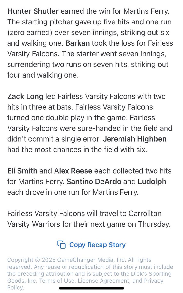 Falcons lose a tough pitchers Duke tonight in the first round of the tournament.   Logan Barkan threw an absolute gem in final start as a Falcon, but the bats came up short tonight in a 2-1 loss to Martins Ferry.