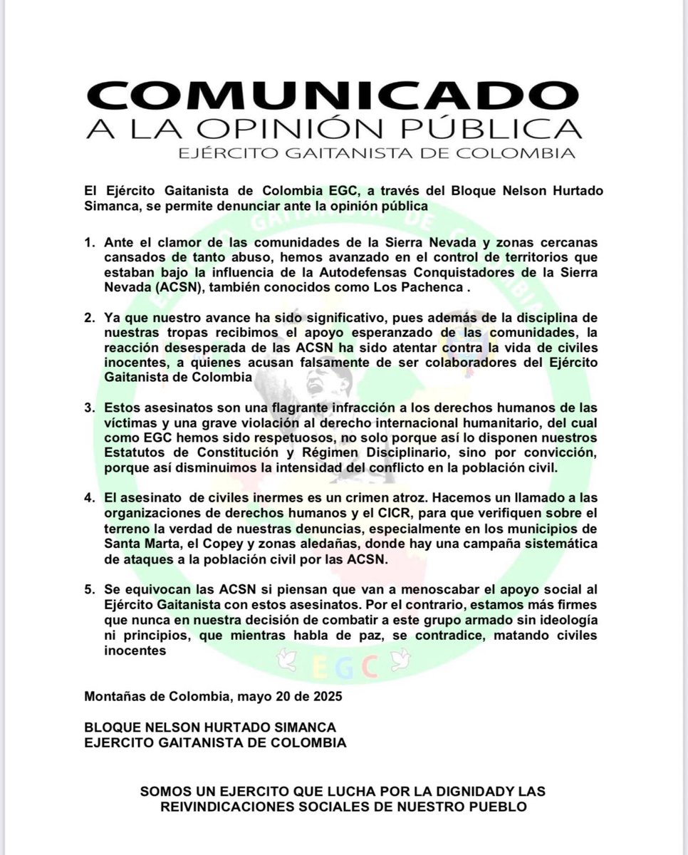El asesinato de civiles inermes es un crimen atroz. Hacemos un llamado a las organizaciones de derechos humanos y el CICR, para que verifiquen sobre el terreno la verdad de nuestras denuncias, especialmente en los municipios de
Santa Marta,(sigue)