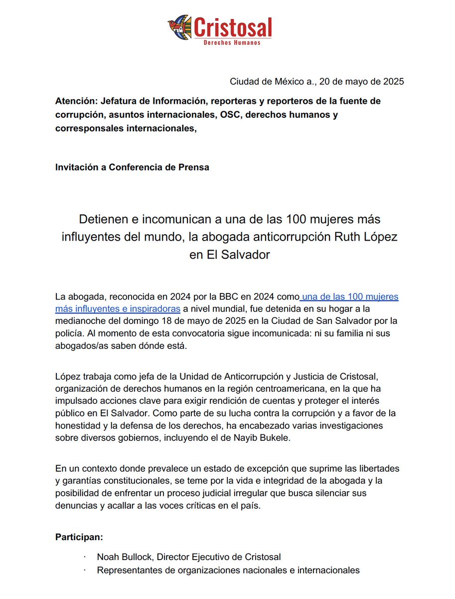 📰 ¡Conferencia de prensa!

<a href="/Cristosal/">Cristosal</a> convoca mañana a este espacio para hablar sobre los detalles del caso Ruth López, detenida e incomunicada en #ElSalvador.

🔴 Sigue el en vivo a través de <a href="/cencos/">Cencos</a>  
📍Presencial: Medellín 33, CDMX.