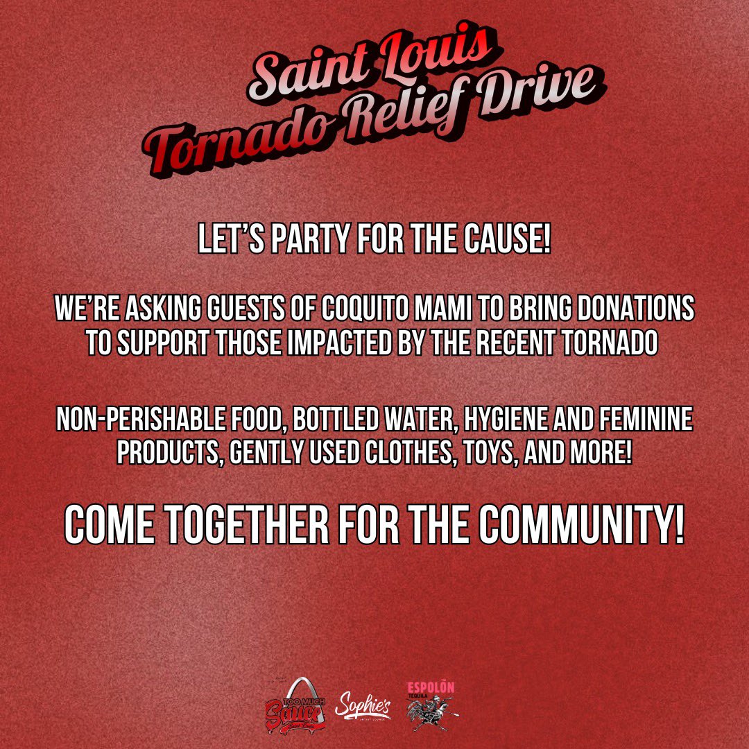 We’re partnering with <a href="/KOwensKO/">Karvon Owens</a> &amp;  accepting donations for the STL tornado relief at Coquito Mami.  

Let’s come together for a good cause 🫶🏾❤️⚜️