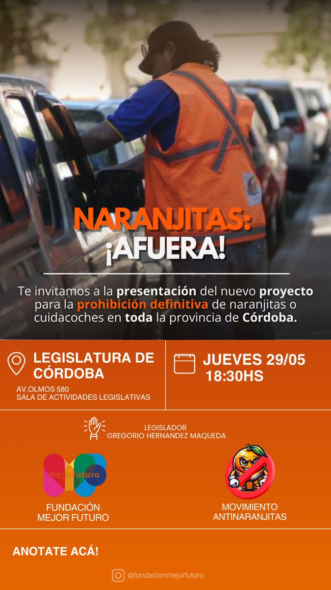 ¡Sumate a esta lucha! 🚫🍊

El día jueves 29 de mayo a las 18:30 hs te esperamos en la sede de la Legislatura de Córdoba para la presentación del nuevo proyecto de ley que busca prohibir definitivamente a los naranjitas en toda la Provincia.

Tu participación y difusión es clave