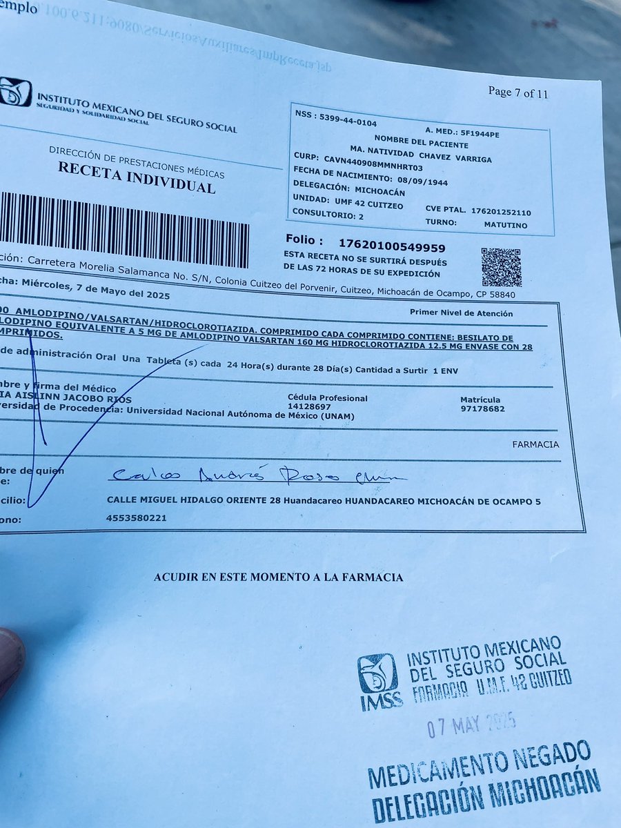 bsidemx's tweet photo. @Tu_IMSS hasta cuando lllegará medicamento a la UMF 42 de #Cuitzeo? Desde el 7 de mayo no me surten esta receta! Te mandé DM pero me ignoraste! https://t.co/DcUd3etfm2
