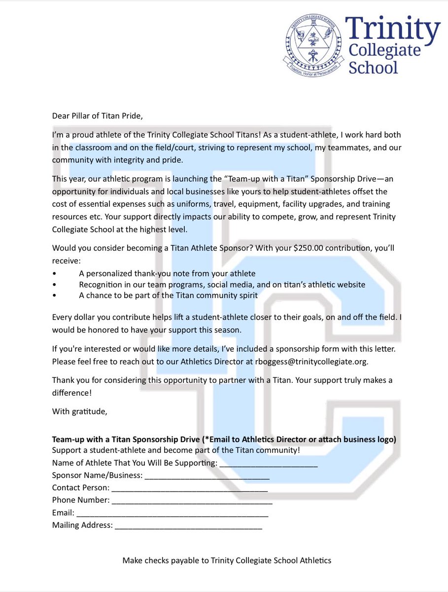 CoachBogie's tweet image. 🎉 Team-Up with a Titan! Help our Trinity Collegiate athletes gear up for fall sports by sponsoring a Titan ($250). Sponsors get thanks, shoutouts, &amp;amp; a spot in our Titan family! 💙💛
📧 Contact Coach Boggess: rboggess@trinitycollegiate.org
#TeamUpWithATitan