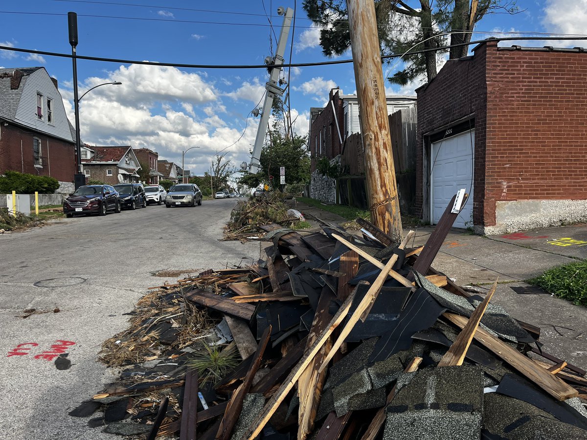 JeffBernthal's tweet photo. Ameren MO estimates power restoration effort will extend into later this week.  Company reports power has been restored to 90% of customers since Friday’s tornado.  Approximately 350 broken power poles. Images are from The Ville neighborhood where damage is extensive. https://t.co/wpCXqfLHLZ