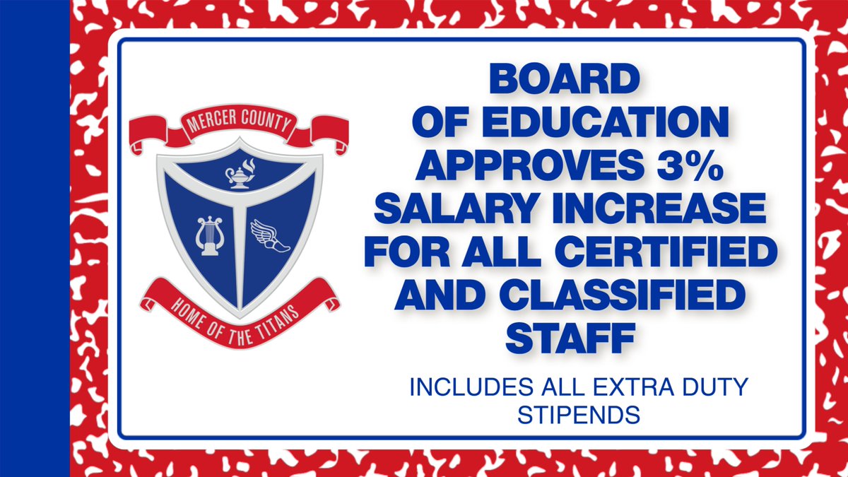 Tonight at their regular board meeting, the Mercer County Board of Education approved a 3% raise for all classified and certified staff.  With this raise, the board has increased teachers' salaries by over 18% over the last four years.
