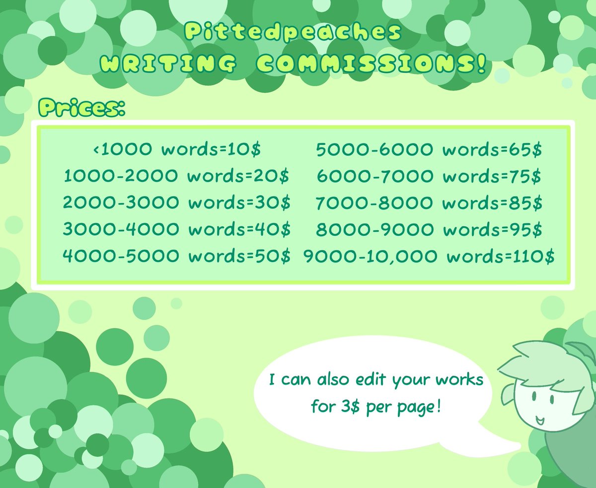 pittdpeaches's tweet image. Hello hello!
Since I will soon become a dirt poor grad student, I have decided to finally open up writing commissions! I’ll have three slots available at a time, and I will continue commissions until September 20th.
