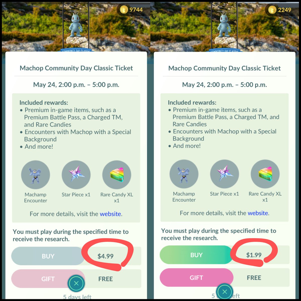 KevinClose's tweet photo. @LeekDuck While users can gift the comm day pass as part of the global challenge. iPhone users are displaying a purchase price of $1.99 and Android displaying $4.99 https://t.co/KHJSVzXtTP