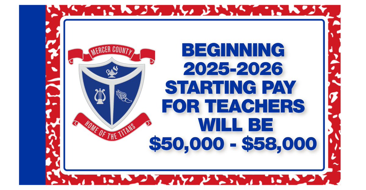 📷 BIG NEWS: Mercer County Schools is now a DESTINATION district for new teachers! Starting pay for 2025–26 is now $50,000–$58,000, among the best in Kentucky. Come grow, thrive, and make a difference with us! 📷📷 #GoTitans #KYed #TeamMercer