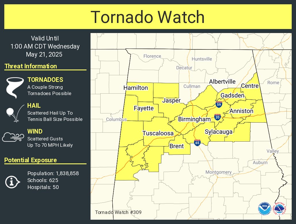 NWSBirmingham's tweet photo. A tornado watch has been issued for parts of Alabama until 1 AM CDT https://t.co/MmKuTkplOw