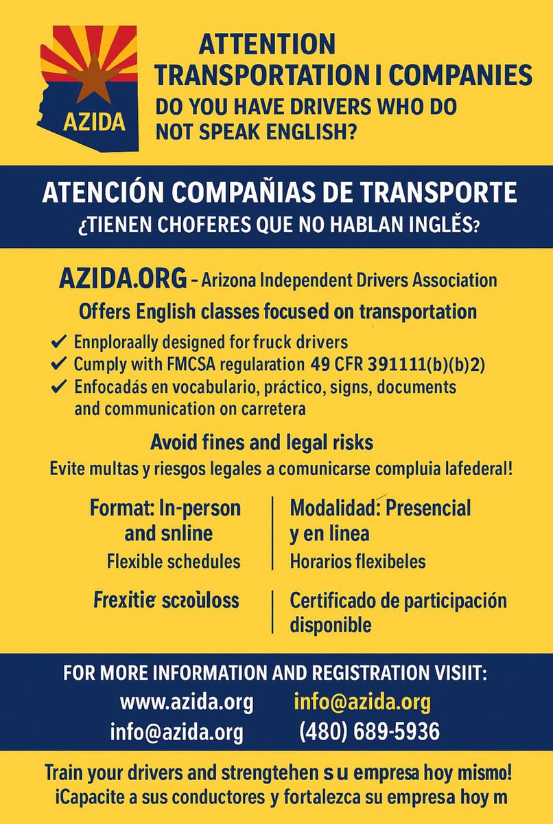 BuroOperadorB1's tweet photo. Curso presencial de inglés para operadores del transporte internacional disponible @ArizonaDOT @FMCSA https://t.co/LXIPnToGUT