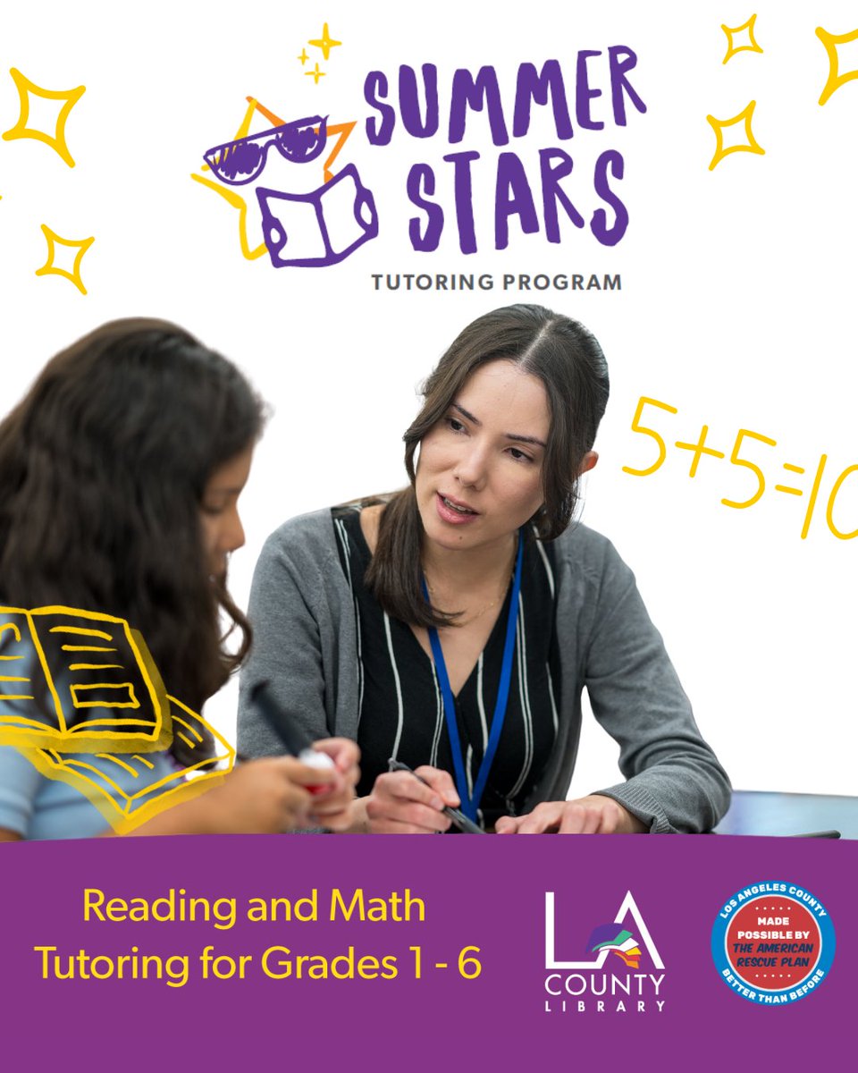We're here to support a summer of growth, learning, and success with our FREE 🌟Summer Stars🌟 Tutoring Program for students in grades 1 - 6!

Sessions are filled on a first come, first served basis. Sign up now before spots fill up!
 
Details: LACountyLibrary.org/Summer-Stars