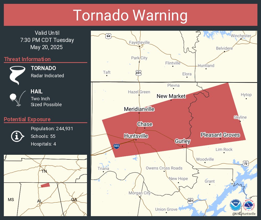 NWStornado's tweet image. Tornado Warning continues for Huntsville AL, Meridianville AL and  Moores Mill AL until 7:30 PM CDT