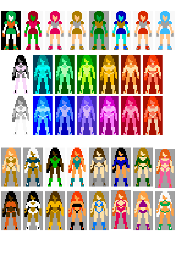 MasterG02277834's tweet photo. #pixelart #fanart #metroid 

Use el sprite de Samus de NES sin traje como referencia para todo esto. Los de arriba son variaciones de color del sprite que ya hice de Vela, de Jet Force Gemini de N64. Lo demás son todos los colores de la NES y combinaciones que hice. https://t.co/QbVQPh6rbG