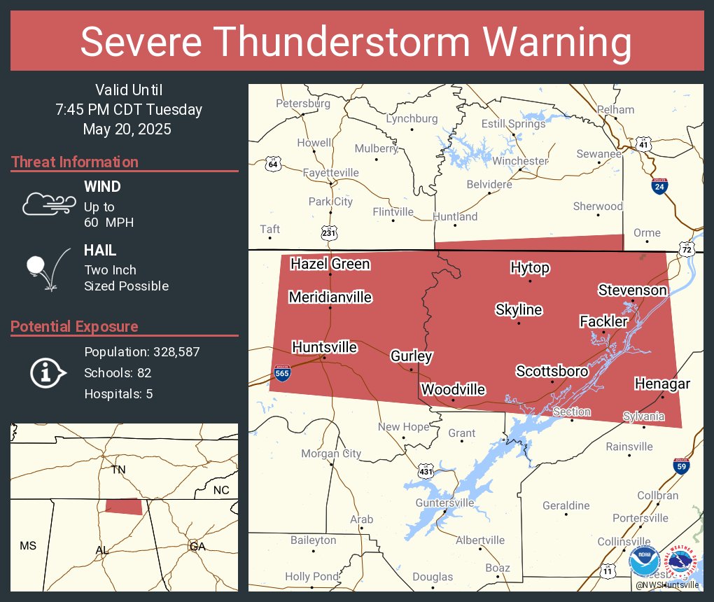 Severe Thunderstorm Warning including Huntsville AL, Scottsboro AL and  Meridianville AL until 7:45 PM CDT. This storm will contain two inch sized hail!