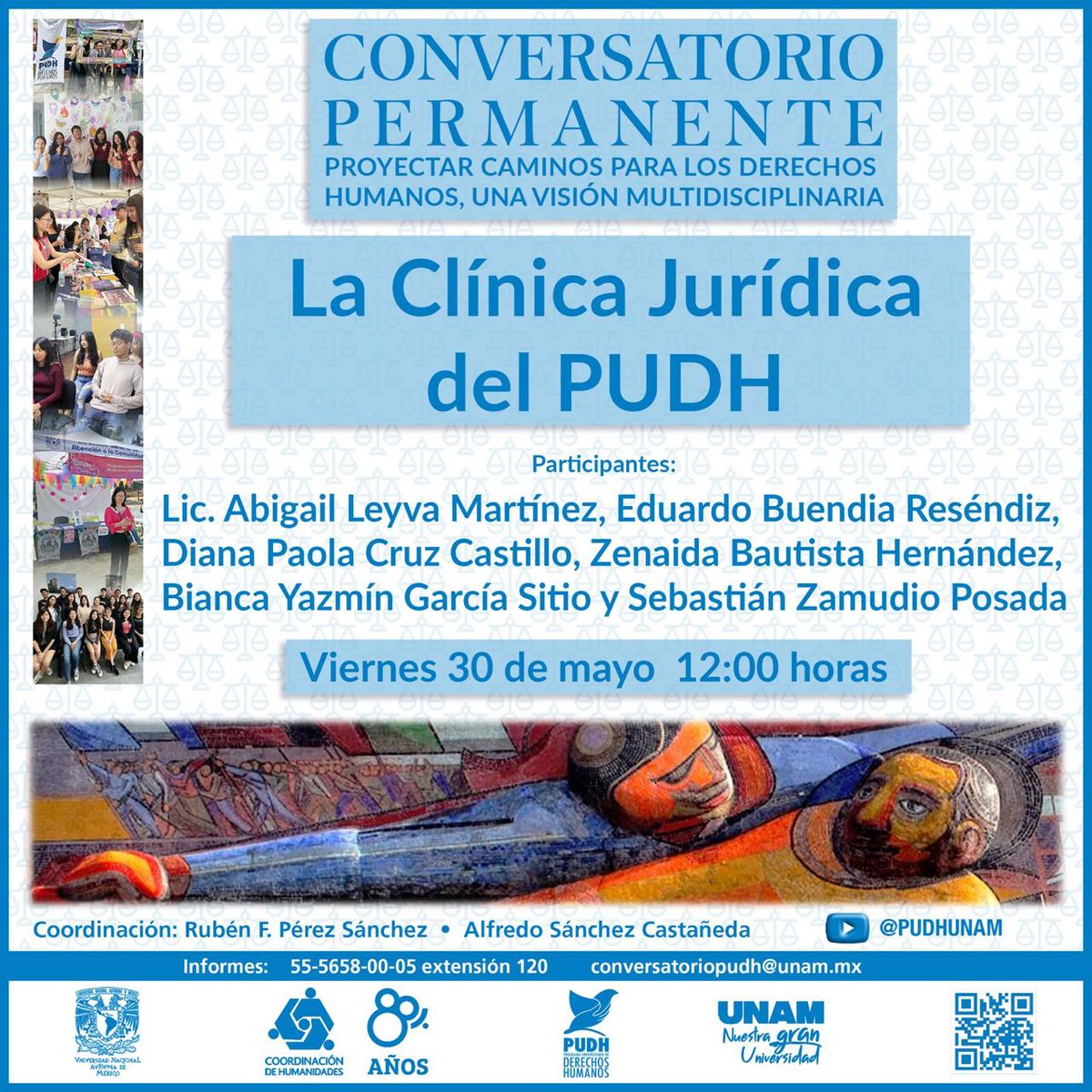 PUDH UNAM (@pudhunam) on Twitter photo ¿Quieres conocer más sobre <a href="/ClinicaPUDH/">La Clínica PUDH-UNAM</a>?
🗓️30 mayo 🕛12:00 horas, no te pierdas el #ConversatorioPermanente: Proyectar caminos para los #DDHH, una visión multidisciplinaria con la participación de estudiantes de la Clínica, la Lic. Abigail Leyva y el Mtro. <a href="/Ruben_F_PerezS/">Rubén F Pérez Sánchez</a> 😉🧠⚖️ ¿Quieres conocer más sobre <a href="/ClinicaPUDH/">La Clínica PUDH-UNAM</a>?
🗓️30 mayo 🕛12:00 horas, no te pierdas el #ConversatorioPermanente: Proyectar caminos para los #DDHH, una visión multidisciplinaria con la participación de estudiantes de la Clínica, la Lic. Abigail Leyva y el Mtro. <a href="/Ruben_F_PerezS/">Rubén F Pérez Sánchez</a> 😉🧠⚖️