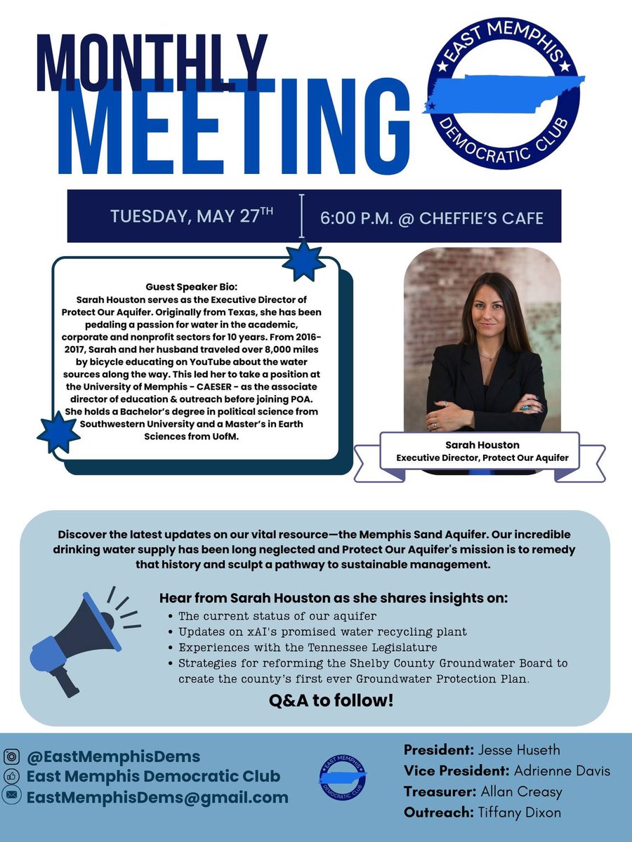 Jesse Huseth (@jessefortn97) on Twitter photo Have questions about how xAI may impact Memphisâ Water Aquifer?
You should come to the <a href="/EastMemphisDems/">EastMemphisDems</a> meeting this week! Sarah Houston will be speaking on potential impacts, the status of the Grey Water Facility, and will be hosting a Q&A afterwards.
Swing on by! Have questions about how xAI may impact Memphisâ Water Aquifer?
You should come to the <a href="/EastMemphisDems/">EastMemphisDems</a> meeting this week! Sarah Houston will be speaking on potential impacts, the status of the Grey Water Facility, and will be hosting a Q&A afterwards.
Swing on by!
