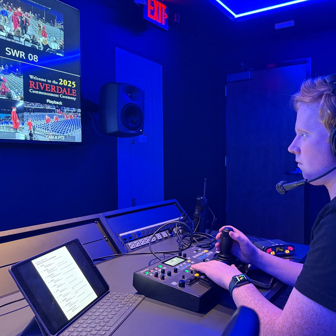 rucoschools's tweet photo. Riverdale students Luke Gensemer and Sydney Teichman gained hands-on experience supporting their school’s graduation ceremony on Saturday with MTSU’s True Blue TV. 

Both students operated cameras during the event and will continue building their skills through work-based learning opportunities with MTSU next year. 

#RCSStrongStudents 

📸: Chris Martin / Riverdale High School