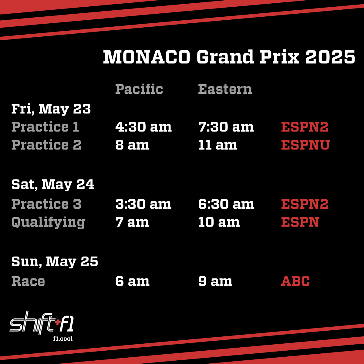 shiftf1podcast's tweet image. When and where to watch this weekend's Monaco Grand Prix in the US!