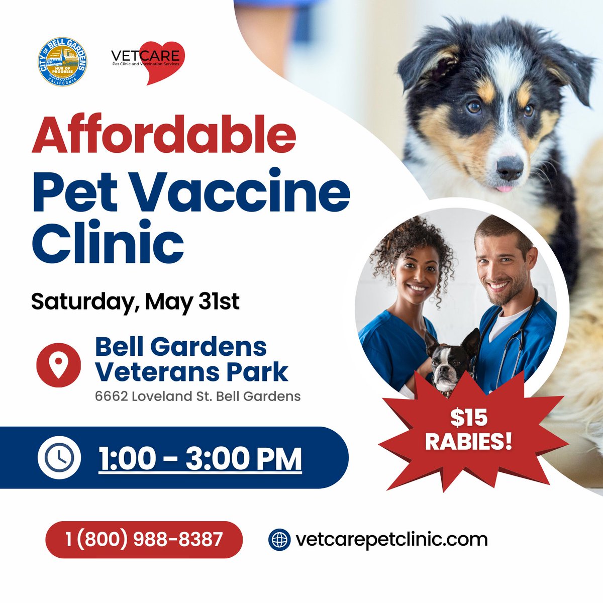 🐶 5/31 PET VACCINE CLINIC
Join us on Saturday, May 31 from 1 PM - 3 PM for our monthly low cost pet vaccine clinic at Bell Gardens Veterans Park - 6662 Loveland St.

Need more help? Give Vet Care a call at 1(800) 988-8387☎️

vetcarepetclinic.com

info@vetcarepetclinic.com