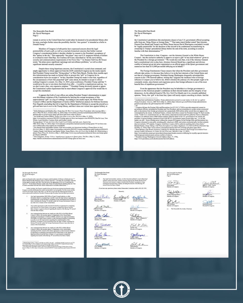 Rep. Pramila Jayapal (@repjayapal) on Twitter photo ICYMI: My <a href="/HouseJudiciary/">House Judiciary Dems</a> colleagues and I are opening an investigation into Trump’s plan to accept a $400m luxury jet from Qatar.
It’s blatant corruption and we won’t stand for it. ICYMI: My <a href="/HouseJudiciary/">House Judiciary Dems</a> colleagues and I are opening an investigation into Trump’s plan to accept a $400m luxury jet from Qatar.
It’s blatant corruption and we won’t stand for it.