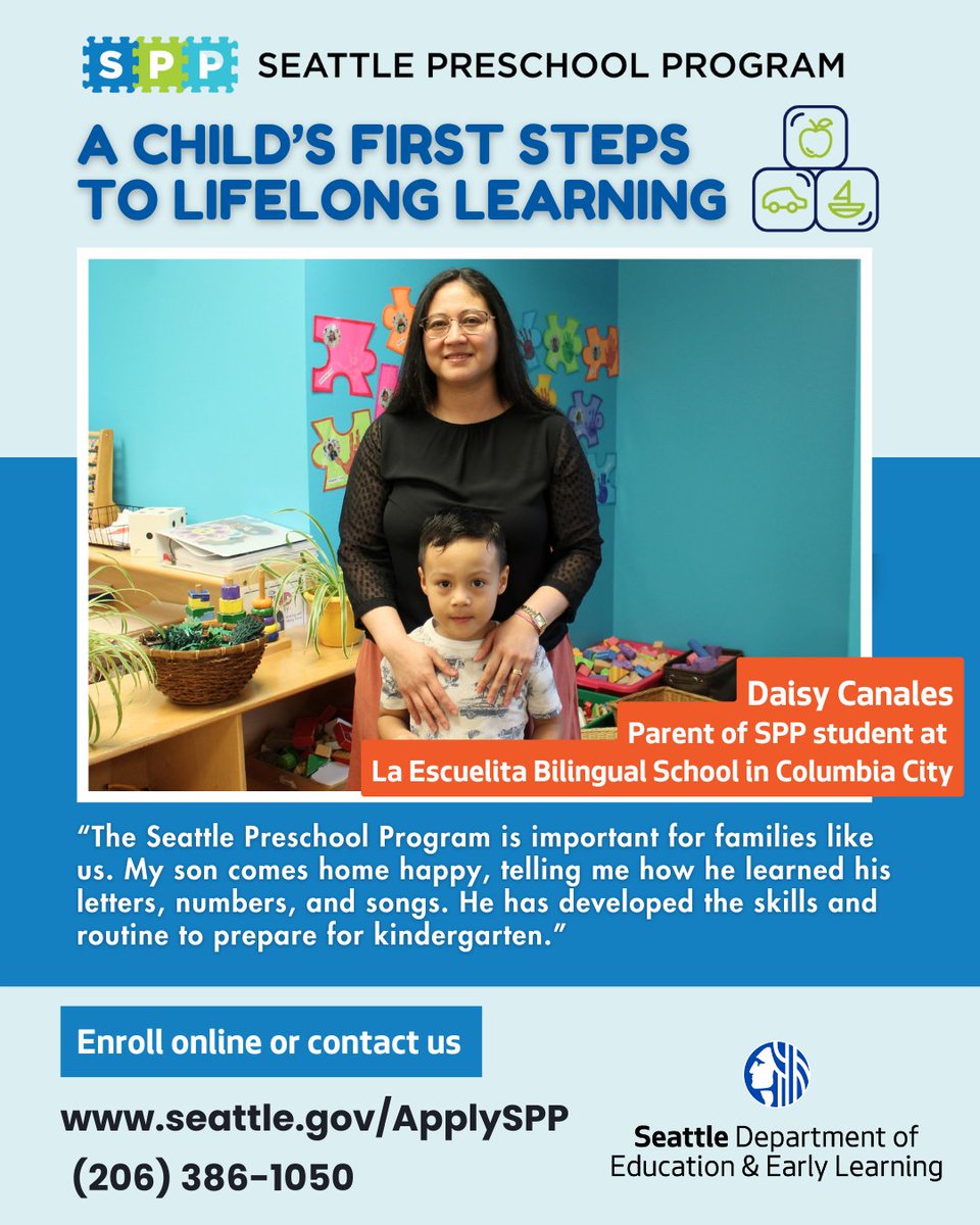 SeattleDEEL's tweet photo. 🖍📚The #SeattlePreschoolProgram helps Seattle’s 3- and 4-year-olds build strong early learning skills with high-quality instruction. SPP is still enrolling for Fall classes. Save your seat today! https://t.co/Ys9AFlfiwX https://t.co/HyRIVkIGQI