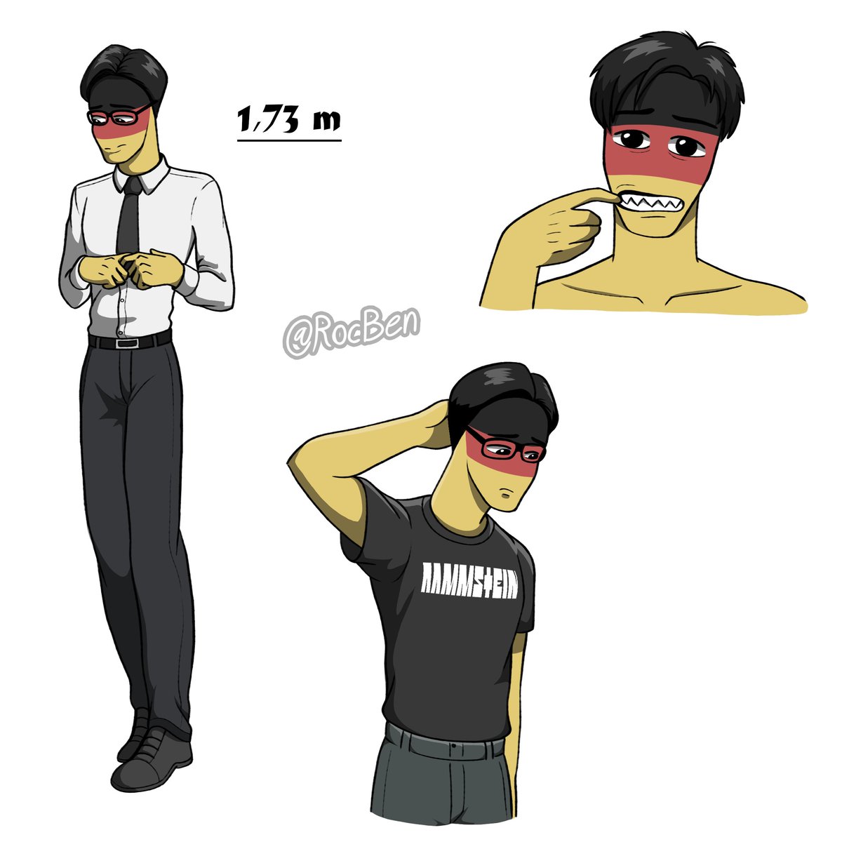 Otro que he olvidado subir, tenemos al nerd, osea Alemania 🤓
Fuera del Ale serio, alto y mamado, mi Alemania es tímido, introvertido y no tiene nada de músculo, además de poseer unos dientes afilados como Alemania nazi.
#CountryhumansGermany #CountryHumans