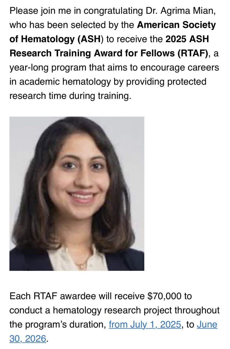 Jame Abraham, MD, FACP (@jamecancerdoc) on Twitter photo Congratulations to <a href="/AgrimaMianMD/">Agrima Mian</a> <a href="/CleClinicMD/">Cleveland Clinic MD</a> <a href="/ClevelandClinic/">Cleveland Clinic</a> <a href="/CCF_IMCHIEFS/">Cleveland Clinic IM</a> for receiving <a href="/ASH_hematology/">ASH</a> Research Training Award for Fellows 2025 !! <a href="/IMG_Oncologists/">IMG Oncologists</a> <a href="/HemOncFellows/">Hem-Onc Fellows Network</a> ! Congratulations to <a href="/AgrimaMianMD/">Agrima Mian</a> <a href="/CleClinicMD/">Cleveland Clinic MD</a> <a href="/ClevelandClinic/">Cleveland Clinic</a> <a href="/CCF_IMCHIEFS/">Cleveland Clinic IM</a> for receiving <a href="/ASH_hematology/">ASH</a> Research Training Award for Fellows 2025 !! <a href="/IMG_Oncologists/">IMG Oncologists</a> <a href="/HemOncFellows/">Hem-Onc Fellows Network</a> !