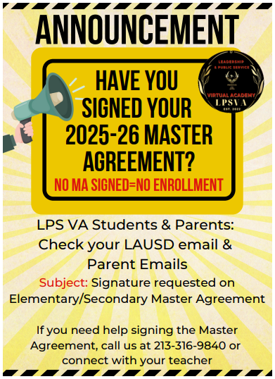 SLPSVA's tweet photo. ATTENTION LPS VA FAMILIES!

Have you signed the 2025–2026 Master Agreement yet?
 No signed agreement = No enrollment
Please check your LAUSD and parent emails for a message titled:
 “Signature requested on Elementary/Secondary Master Agreement”
Call us at 213-316-9840 for help. https://t.co/Hidq51GtDY