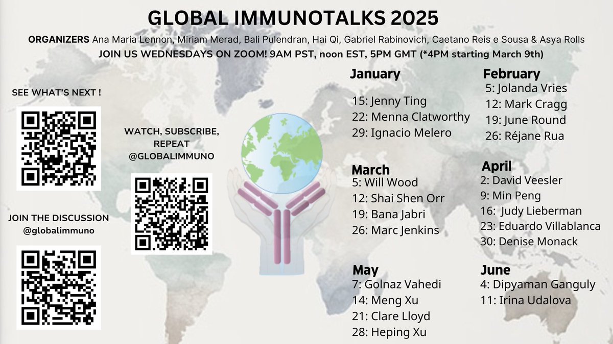 Looking forward to our next #globalimmuno talk this Wednesday, May 21st, at 9am PST, noon EST, 4pm GMT by Dr. Clare Lloyd.

Title: “Immune-stromal cell interactions regulate pulmonary immunity”
ZOOM LINK: ucsd.zoom.us/j/91053505061 
LIVE ON YOUTUBE: youtube.com/@GLOBALIMMUNOT…