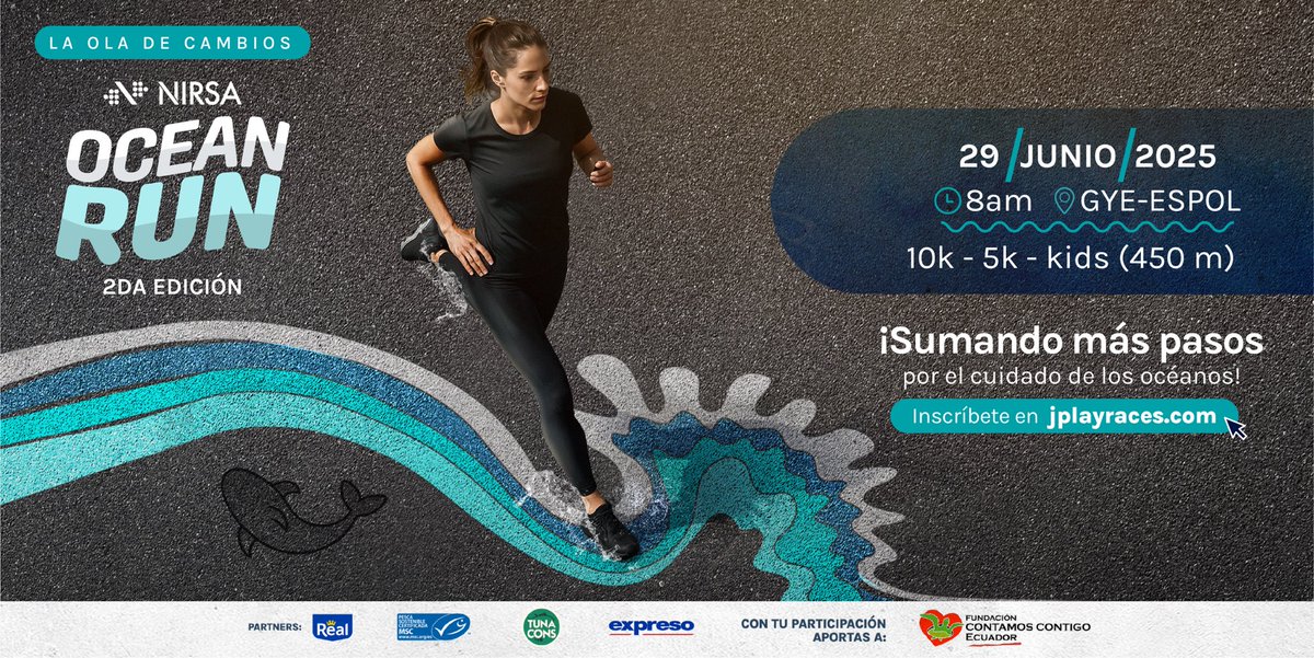 NIRSA (@nirsaoficial) on Twitter photo ¡#NIRSAOceanRun regresa! 🌊🏃♂️ Porque cuando corres con propósito, dejas una huella que llega al mar.
¡Pronto podrás inscribirte a través de <a href="/JPlayRaces/">JPlayRaces</a>!
📅 29 de junio
📍 ESPOL Guayaquil
⏰ 8:00 a.m.
🏁 5K & 10K / KIDS: 450 m.
🎟️ Inscripción $15 / KIDS: $10. ¡#NIRSAOceanRun regresa! 🌊🏃♂️ Porque cuando corres con propósito, dejas una huella que llega al mar.
¡Pronto podrás inscribirte a través de <a href="/JPlayRaces/">JPlayRaces</a>!
📅 29 de junio
📍 ESPOL Guayaquil
⏰ 8:00 a.m.
🏁 5K & 10K / KIDS: 450 m.
🎟️ Inscripción $15 / KIDS: $10.