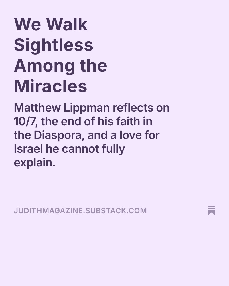 As soon as I read this piece by Matthew Lippman, I knew I had to include it in Judith Magazine. It’s the closest I’ve seen to an explanation of the unexplainable—the pull Israel has on the Diaspora, both before and after 10/7. judithmagazine.substack.com/p/we-walk-sigh…