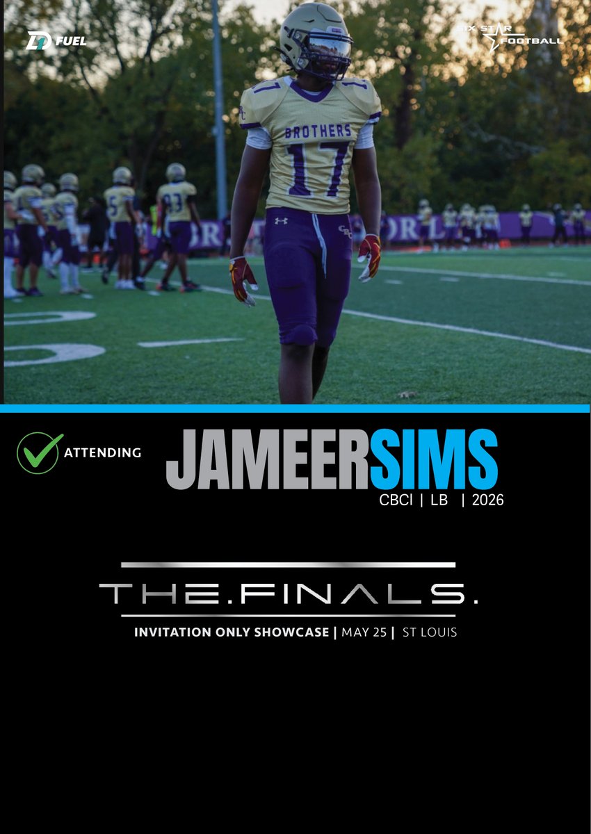 Six Star Football | PLUS+ (@sixstarfootball) on Twitter photo TheFINALS | Jameer Sims
6’1, 220 | LB | 2026 | CBC (MO) | <a href="/jameersims5/">Jameer “mer” sims</a>
⭐Rising prospect Jameer Sims will be attending TheFINALS!
⭐Big Time LB prospect has drawn D1 interest from Northern Illinois and several other programs
📆May 25 📍St Louis TheFINALS | Jameer Sims
6’1, 220 | LB | 2026 | CBC (MO) | <a href="/jameersims5/">Jameer “mer” sims</a>
⭐Rising prospect Jameer Sims will be attending TheFINALS!
⭐Big Time LB prospect has drawn D1 interest from Northern Illinois and several other programs
📆May 25 📍St Louis