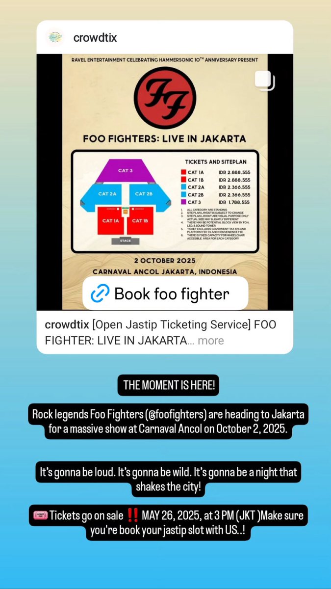 crowd_tix's tweet photo. TICKETING SERVICE FOO FIGHTERS IN JAKARTA

✅ range fee 200k - 300k (depends on the ticket’s price)
✅ kalau tiket gak berhasil didapatkan, full refund 100% tanpa potongan apapun

https://t.co/tgyyAFK6T9

#FooJKT #FooFighters #FooFightersLiveinJakarta https://t.co/1a3e86alBI
