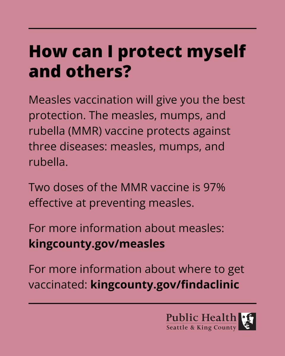 A measles case has been identified in a King County adult. They traveled through Seattle-Tacoma International Airport (SEA) and visited Overlake Medical Center while infectious.

See our blog for more information: bit.ly/434LTAi