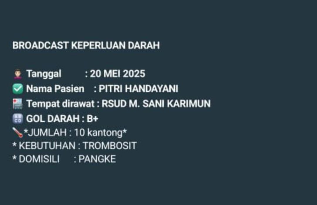 #urgent RSUD HM SANI Kab. Karimun, Provinsi Kepri. <a href="/Blood4LifeID/">BFL INDONESIA</a>