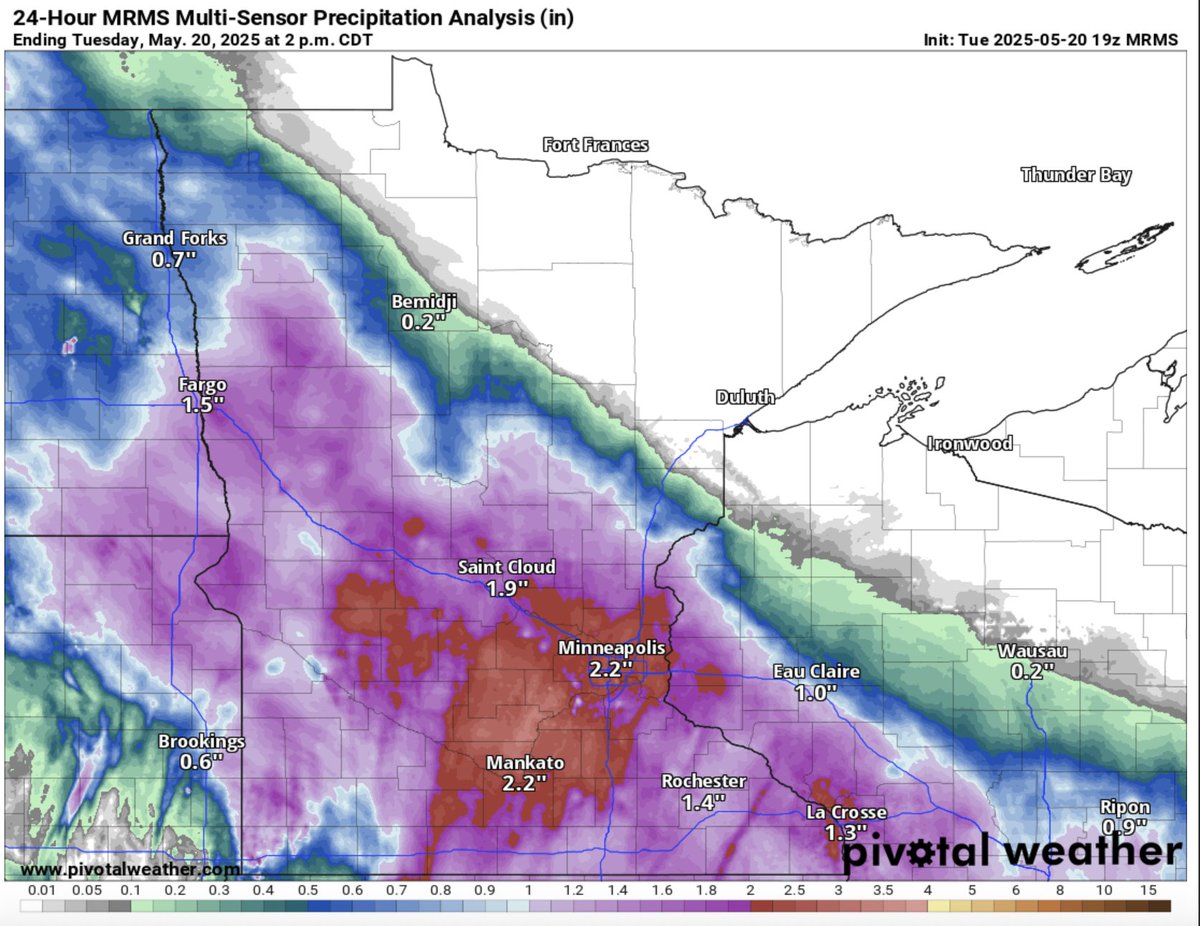 As of 2pm this afternoon, here are the 24 hour estimated rainfall totals. Talk about a soaker for much of our region. Unfortunately, much of northern MN missed out.