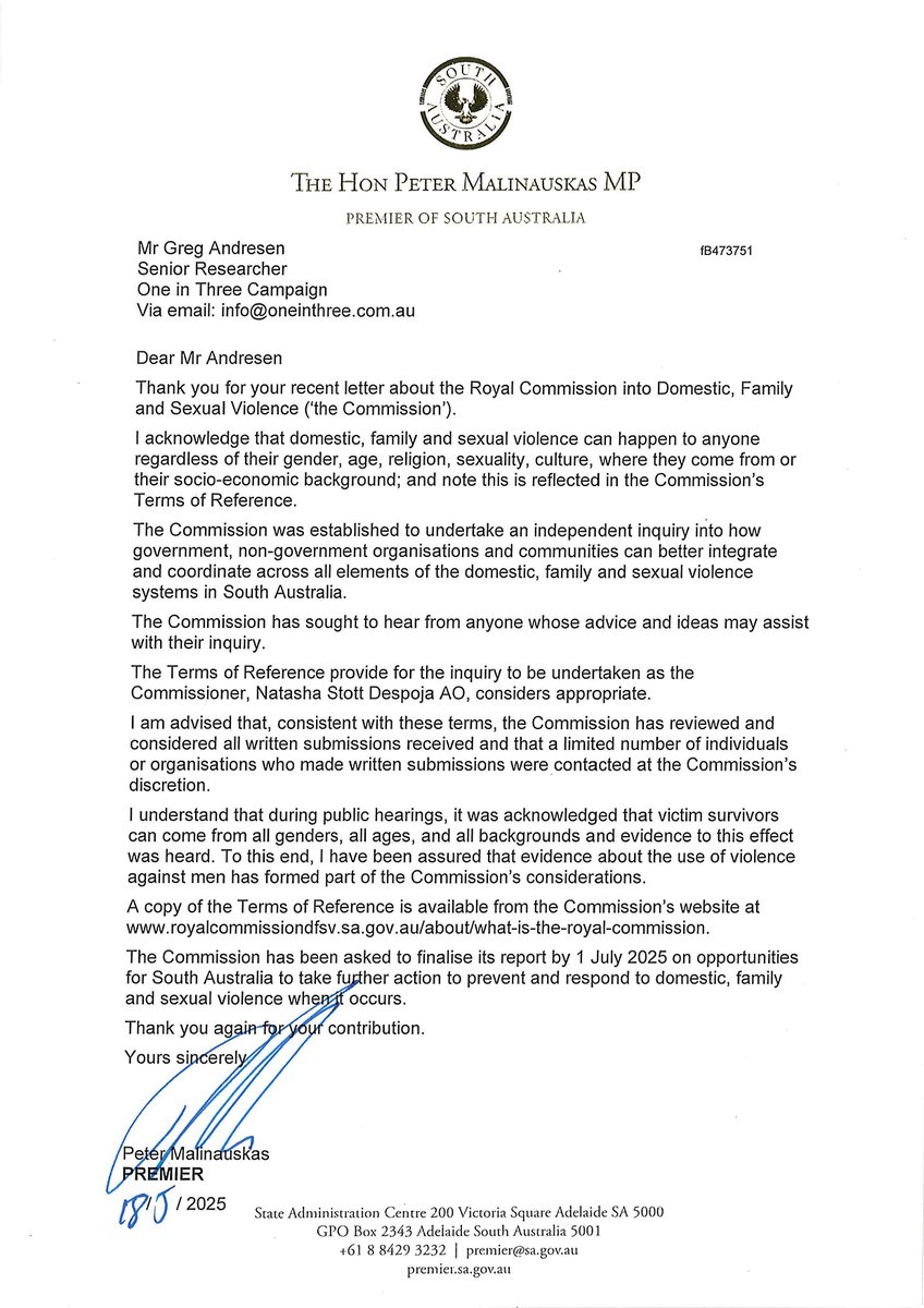 On 1st April we wrote to the SA Premier voicing concerns that the sole Australian organisation advocating for male victims of family violence had not been asked to appear before the Royal Commission, despite lodging a submission. This was his disappointing but unsurprising reply.