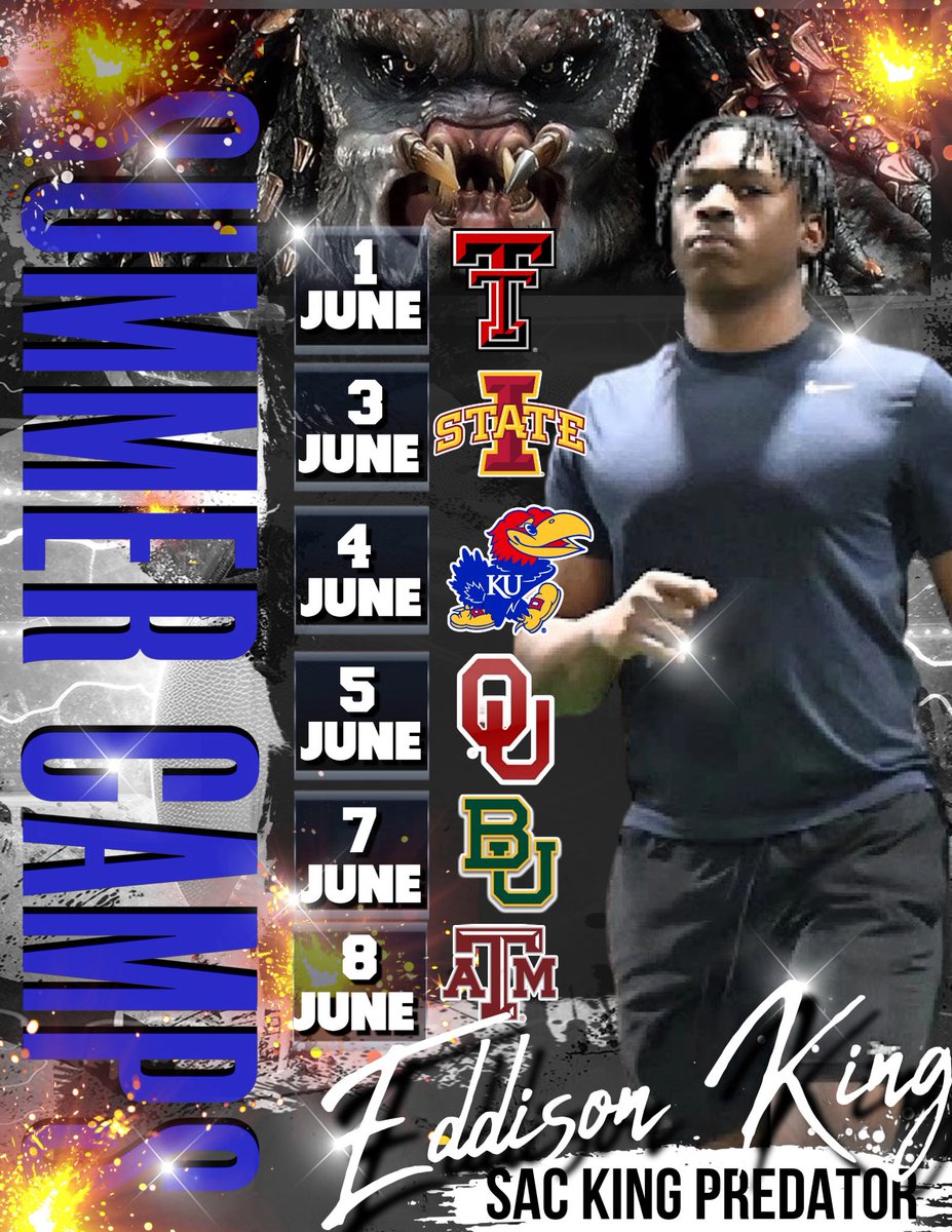 SacKingPredator's tweet photo. Excited to get my camp season started with the following schedule @TexasTechFB @IowaStateFB @KUAthletics @OU_Football @BUFootball @AggieFootball looking forward to showcasing my skill and meeting the coaching staffs💪🏾

@TEP5252 @JermaineCarpent @RespectxSports @adamgorney @BenjaminGolan @ChadSimmons_ @GPowersScout @GrayGrundhoefer