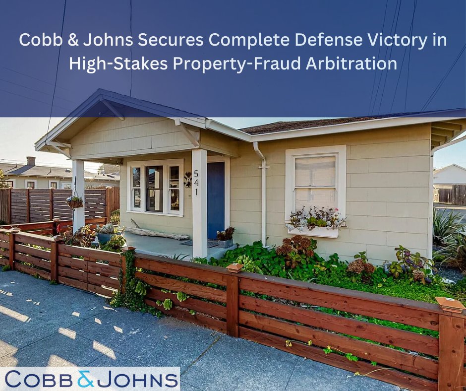 We write to celebrate a significant win in Lancaster v. Healy, a fast-paced and high-stakes arbitration in Northern California, where Cobb &amp; Johns secured a full victory for the defense. Learn more: bit.ly/4mo0a2r #PropertyDisputes #txlege