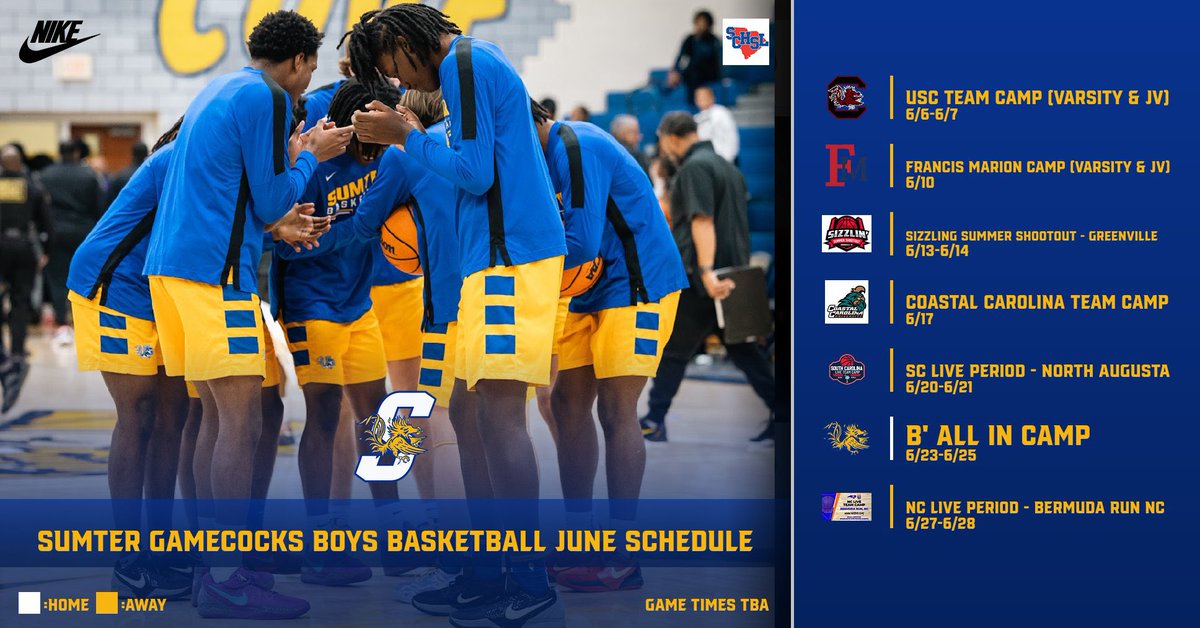 Sumter Gamecocks Boys Basketball (@gamecocksbball) on Twitter photo Summer 🏀 is almost here!!! Mark your 🗓️ and check the Gamecocks out in your nearest city this June!! 💛💙
#rainingthrees
<a href="/theitemsports/">The Item Sports</a> <a href="/LouatTheState/">Lou Bezjak</a> Summer 🏀 is almost here!!! Mark your 🗓️ and check the Gamecocks out in your nearest city this June!! 💛💙
#rainingthrees
<a href="/theitemsports/">The Item Sports</a> <a href="/LouatTheState/">Lou Bezjak</a>
