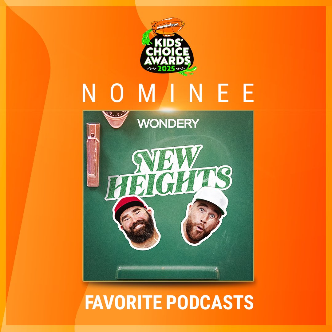 Wondery (@wonderymedia) on Twitter photo Give it up for <a href="/newheightshow/">New Heights</a> for being nominated as a favorite podcast at the Nickelodeon Kids' Choice Awards 🙌 Give it up for <a href="/newheightshow/">New Heights</a> for being nominated as a favorite podcast at the Nickelodeon Kids' Choice Awards 🙌