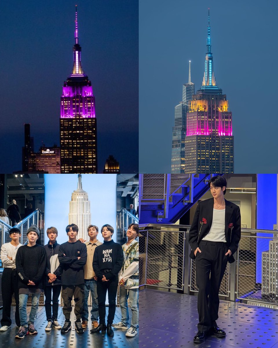winnttaebear's tweet photo. May 2019                                 May 2025
Empire state                        Empire state
Turn purple                  Turn pink, yellow
For BTS                           white, light blue 
                                                For Jin (ECHO) https://t.co/QlxZytvPzX