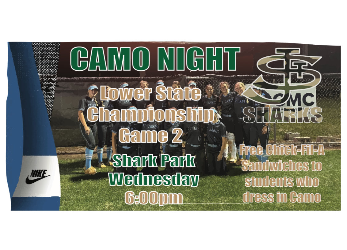 Need our student body to show up and show out in your Camo night tmr night as softball hosts Berkeley in game 2 of Lower State

The first 50 students that show up in Camo will receive free Chick-fil-A